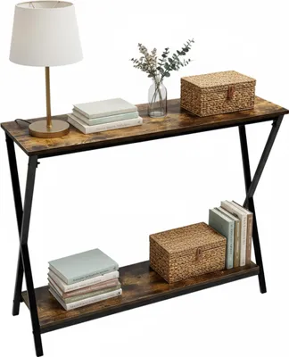 Obrázek produktu pro Konzole Relaxdays, VxŠxH: 80 x 100 x 30 cm, kov, MDF, úzká konzole do předsíně, stolek do předsíně se 2 policemi, hnědá/černá