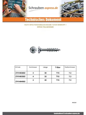 Produktbild von Fensterbauschraube Spax FEX-H Senkkopfschraube T-STAR T15 4X30 WIROX