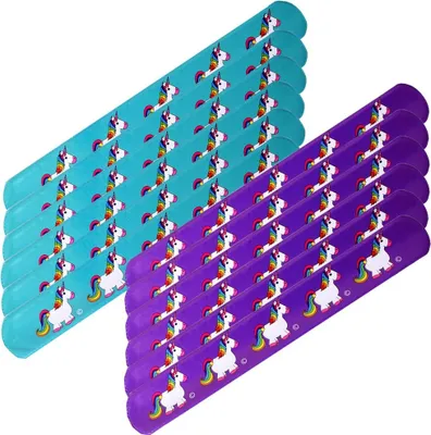 Produktbild von 12 Stück TE-Trend Einhorn Pferd Schnapparmband Slap Band Armband Mitgebsel Kindergeburtstag 22cm türkis lila sortiert