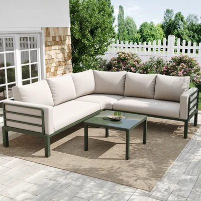 Produktbild von MERAX Gartenlounge-Set Sitzgruppe für 4-5 Personen, 4-tlg, Gartenmöbel mit Couchtisch, gehärtetes Glas und verzinkter Eisenrahmen, Beige