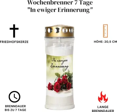 Produktbild von Grabkerze Wochenbrenner mit Deckel und Motiv Auswahl, 7 Tage Brenndauer, In ewiger Erinnerung 6 Stück