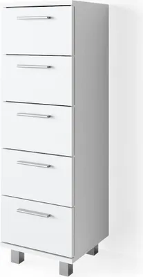 A tall, narrow white cabinet with five drawers, shown from a slightly angled front view.