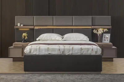 Produktbild von Komplette Schlafzimmer Doppelbett Set 3tlg Bett Nachttische Grau Stoff