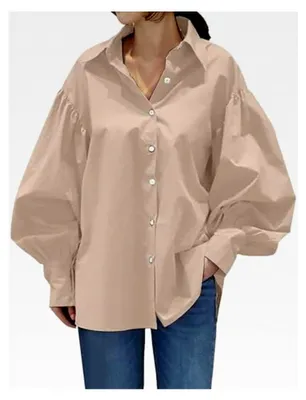 Produktbild von Damen Hemdbluse mit Laternenärmeln, elegante Bluse mit Revers, einreihiges Shirt, oversized Tops für den Sommer, lässige Longbluse, leichtes Hemd, lockere Langarmshirts, Tuniken in einfarbig, Longshirt