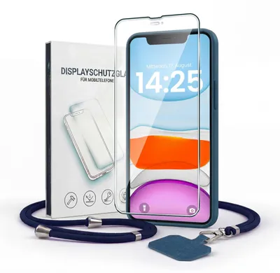 Produktbild von Handyhülle für Apple iPhone 11 mit Handykette und 9H Displayglas Displayschutz Band Kordel Hülle Case Schutzhülle Blau