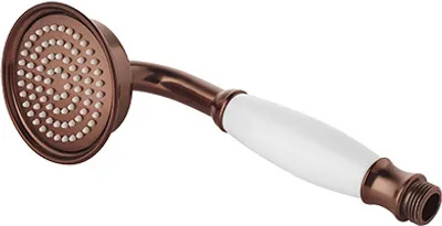 A single shower head with a bronze finish and a white handle is shown against a white background.