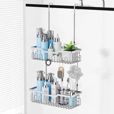 Productafbeelding van Unyqoos® Doucheorganizer van hoogwaardig roestvrij staal met roestbescherming – hangend, montage zonder boren met zuignappen, 2 plateaus, 2 manden en 4 haken
