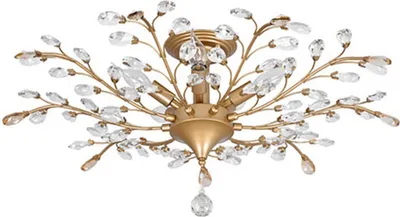A close-up, studio shot of a gold-colored ceiling light fixture with clear crystal accents.