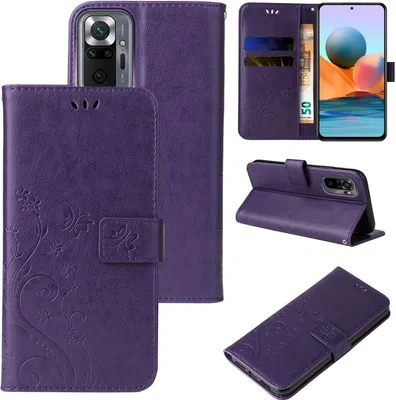 A collage of images showing a purple floral butterfly flip phone case for a Xiaomi Redmi Note 10 Pro.