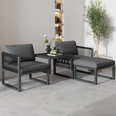 Produktbild von Gartenlounge-Set 4-teilig, Aluminium & PE-Rattan Gartenmöbel, verstellbare Sofagarnitur mit Hocker-Tisch-Kombination & 8cm Auflagen, Terrassenmöbel für Außen & Innen