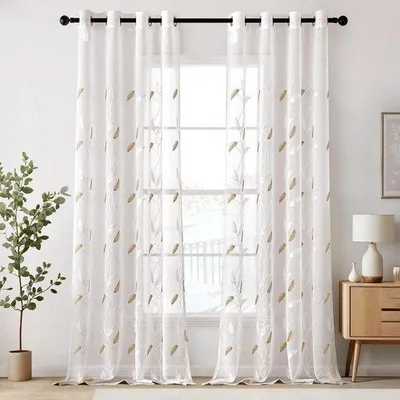 Immagine prodotto di Tenda in voile con occhielli e ricamo trasparente a motivo di foglie - Set da 2 - A 260 x L 140 cm - Beige