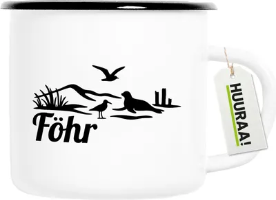 Produktbild von Huuraa Emaille Tasse Föhr Strandmotiv 300ml Vintage Campingbecher Geschenkidee