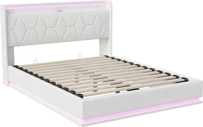 Obrázek produktu pro Čalouněná postel UnboxG 160x200 cm s LED osvětlením, nabíjecím portem USB a podstavcem pod postel, hydraulický zdvih, sametově bílá