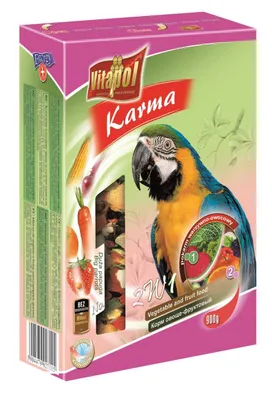 A box of bird food with a parrot illustration.
