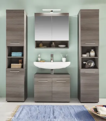 Produktbild von Badezimmer Möbel Badmöbel Set Runner 4-teilig Sardegna rauchsilber grau mit Hochschrank und Spiegelschrank