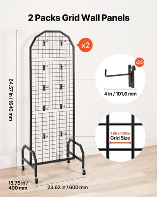 Zdjęcie produktu dla 2 sztuki paneli ściennych 600 x 1640 mm Stojak ekspozycyjny z drutu z kółkami i haczykami