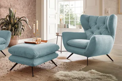 Produktbild von KAWOLA Sessel CHARME Hochlehnsessel Cord hellblau mit Hockerbank