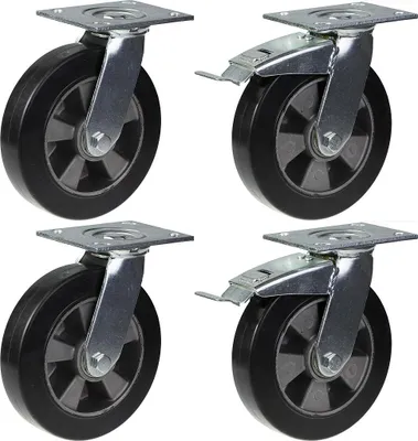 Zdjęcie produktu dla kółka 200 mm 8" z czarną gumą i hamulcem, udźwig 1800 kg, zestaw 4 szt