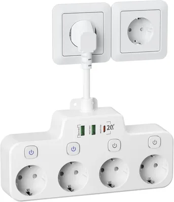 Obrázek produktu pro Zásuvková lišta s USB-C (PD 20W) - 4 zásuvky s vypínači - kabel 10 cm - bílá