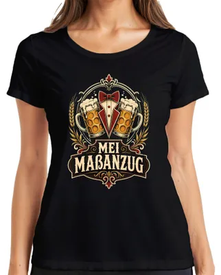 Productafbeelding van Maatpak, , bierkan, traditionele kleding, grappig, lederen broek, dirndl, dames T-shirt, zwart, XL