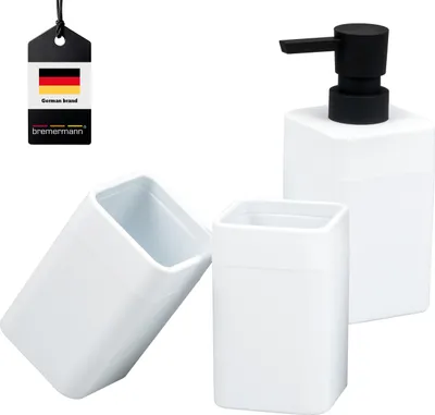 Immagine prodotto di Set di accessori da bagno SAVONA 3 pezzi di bremermann con superficie soft-touch, 1 dispenser per sapone, 2 bicchieri, plastica bianca