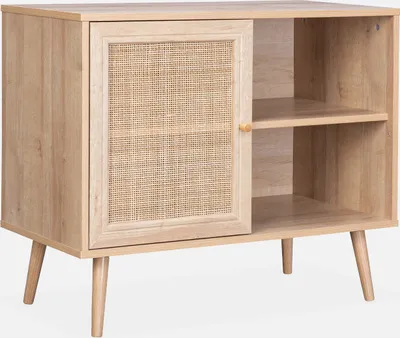 Produktbild von sweeek Sideboard Rattangeflecht Natur, Holzoptik, Skandinavische Zirkelbeine, Bohème Stil, großer Stauraum mit 2 Ebenen, 65,8 x 80 x 39 cm (B x H x T), für Büro, Flur oder Schlafzimmer