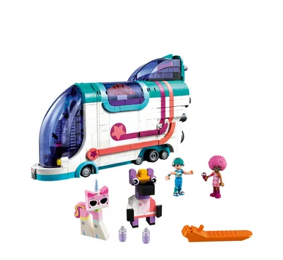 A LEGO Movie 2 Pop-Up Party Bus playset with figures and accessories, displayed on a white background.