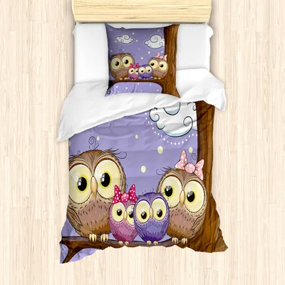 Produktbild von ABAKUHAUS Vogel Mantele, Karikatur-Art-Eulen-Familie, Milbensicher Allergiker geeignet mit Kissenbezügen, 135 cm x 200 cm - 80 x 80 cm, Lavendel und Brown
