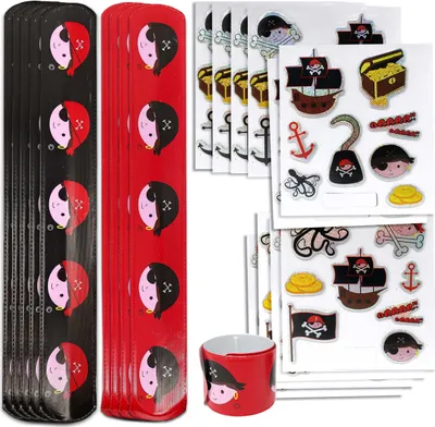 Produktbild von Pirat Schnapparmband Sticker Set - Knickarmbänder u. Aufkleber 10er Set | Klatscharmband für Jungen Kindergeburtstag Mitgebsel | Armband Kinderparty Giveaway Gastgeschenk