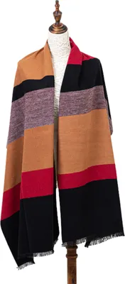 Produktbild von Winterschal XXL Seidenflanell Schal Stola gestreift schwarz braun rot - sanft wie Kaschmir 100% Seide