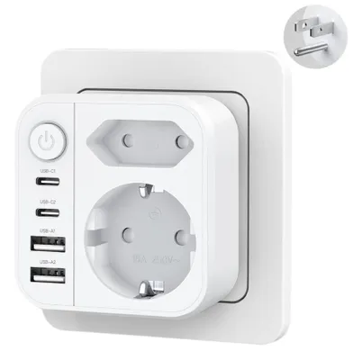 Immagine prodotto di Adattatore universale da presa europea a presa americana OUFUYU, 6 in 1, con presa di tipo B e 2 porte USB-A e 2 porte USB-C – Bianco, adattatore da EU a US