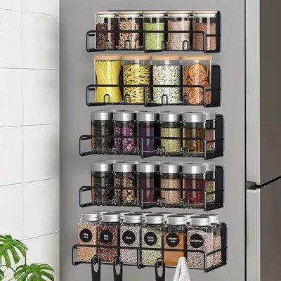 Immagine prodotto di Unyqoos® Set da 5 contenitori magnetici per spezie – organizer in metallo salvaspazio con magneti potenti, adatti per frigorifero e microonde, colore nero