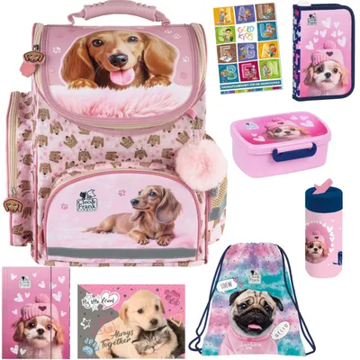Produktbild von Schulranzen für Mädchen, 8er-Set - Schul-Rucksack für Kinder mit Federmäppchen - Schuhbeutel Trinkflasche und Brotdose - Hund Motiv- 1-3 Klasse