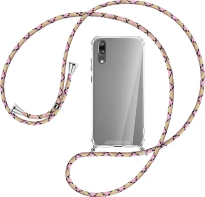 Produktbild von Handykette Backcover-Schutzhülle mit Band (Metall silberfarben) für Huawei P20 - rosa Karo