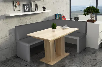 Productafbeelding van Eckbankset 168x128 cm ROBIN L, grijs / Eettafel DANTE, Sonoma eikenhout