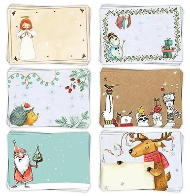 Produktbild von 6 x 10 Weihnachtsetiketten für Kinder Aufkleber Tiere Engel 7,4 x 5,2 cm