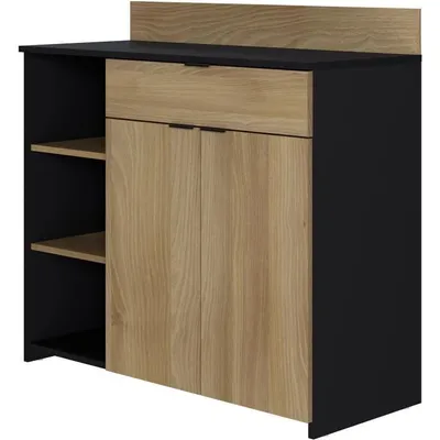 Image de Buffet Cuisine, 2 Portes, 1 Tiroir, Mélaminé Chêne et Noir, L 100 x P 42 x H 95 cm