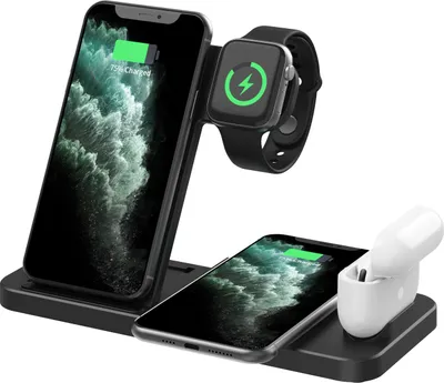 Produktbild von Kabellose 4-in-1 Ladestation für 2x iPhone,Apple iWatch,iPhone Pods, Faltbares Wireless Charger, Überstromschutz, gleichzeitig aufladen, Farbe:Schwarz