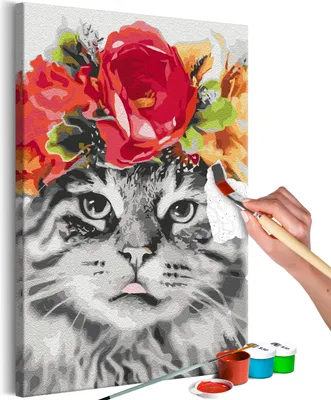 Image de Peinture par numéros Chat Fleurs Animaux Portrait 40x50 cm Kit de peinture avec cadre en bois sur toile pour adultes Enfants Peinture Kit DIY peint à la main