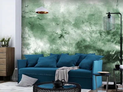 Produktbild von Vlies Fototapete Landschaft 400x280 cm Tapeten Wandtapete XXL Betonoptik Wald Vögel Bäume grün weiß b-A-10228-a-c