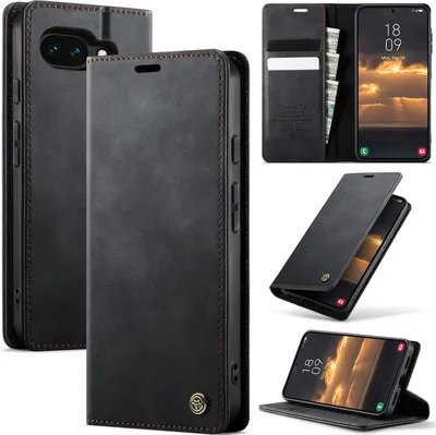Obrázek produktu pro Kožené pouzdro pro Google Pixel 10A, RFID ochranou, magnetickým zavíráním, přihrádkami na karty a funkcí stojánku Černý