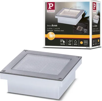 A product box for a Paulmann Solar Aron LED ground light, with the product itself shown below.