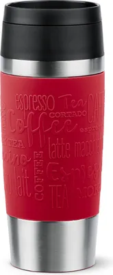 A red travel mug with embossed coffee-related words.