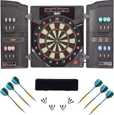 Produktbild von Best Sporting Dart Set Oxford 2.0 mit 18 Dartpfeilen/Ersatzspitzen & Etui I Dartscheibe elektronisch im hochwertigen Set I elektronische Dartscheibe mit Zubehör I Dart Kabinett mit Zubehör