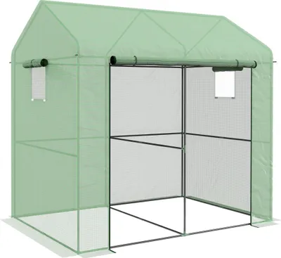 Image de Outsunny Serre de jardin PE, serre de balcon, bâche renforcée 135 g/m², châssis en acier, porte zippée enroulable, pour légumes plantes fleurs, intérieur et extérieur, 200 x 140 x 200 cm, vert