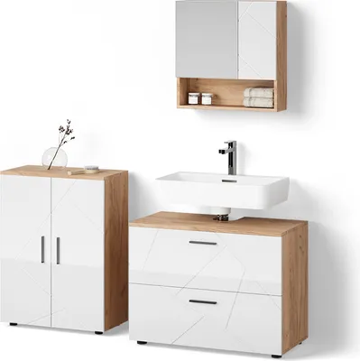 Image de Ensemble de meubles de salle de bain Livinity Ronco Blanc brillant/Chêne doré 3 parties, Model 52835