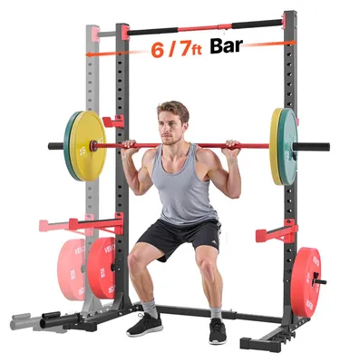 Productafbeelding van VEVOR Power Rack, belastbaar tot 445 kg, multifunctionele squat rack voor een thuisfitnessruimte, krachttrainingapparaat met 6 bandhaken, een landmine-accessoire en veiligheidsstangen voor bankdrukken en squats
