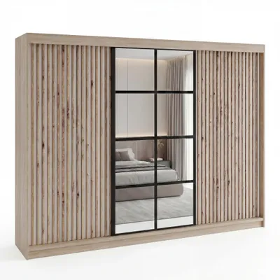 Produktbild von Schwebetürenschrank, 3-türig Schrank mit 4 Schubladen, und 3D-Lamellen. Kleiderschrank NORIVO 200 cm