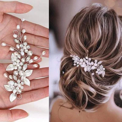 Productafbeelding van Ibenzoa® Elegante zilverkleurige haaraccessoire voor bruiloften, versierd met kristallen en parels, metaallegering, 10 x 5 cm – geschikt voor de bruid, bruidsmeisjes en bloemenmeisjes