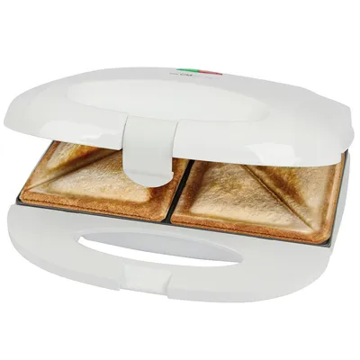 Produktbild von Clatronic® Sandwichmaker | für dreieckige Sandwichplatten | Sandwichtoaster mit Antihaftbeschichtung | Toaster Sandwichtoaster mit Backampel | Sandwich Maker bis zu 820 Watt | ST 3813 weiß